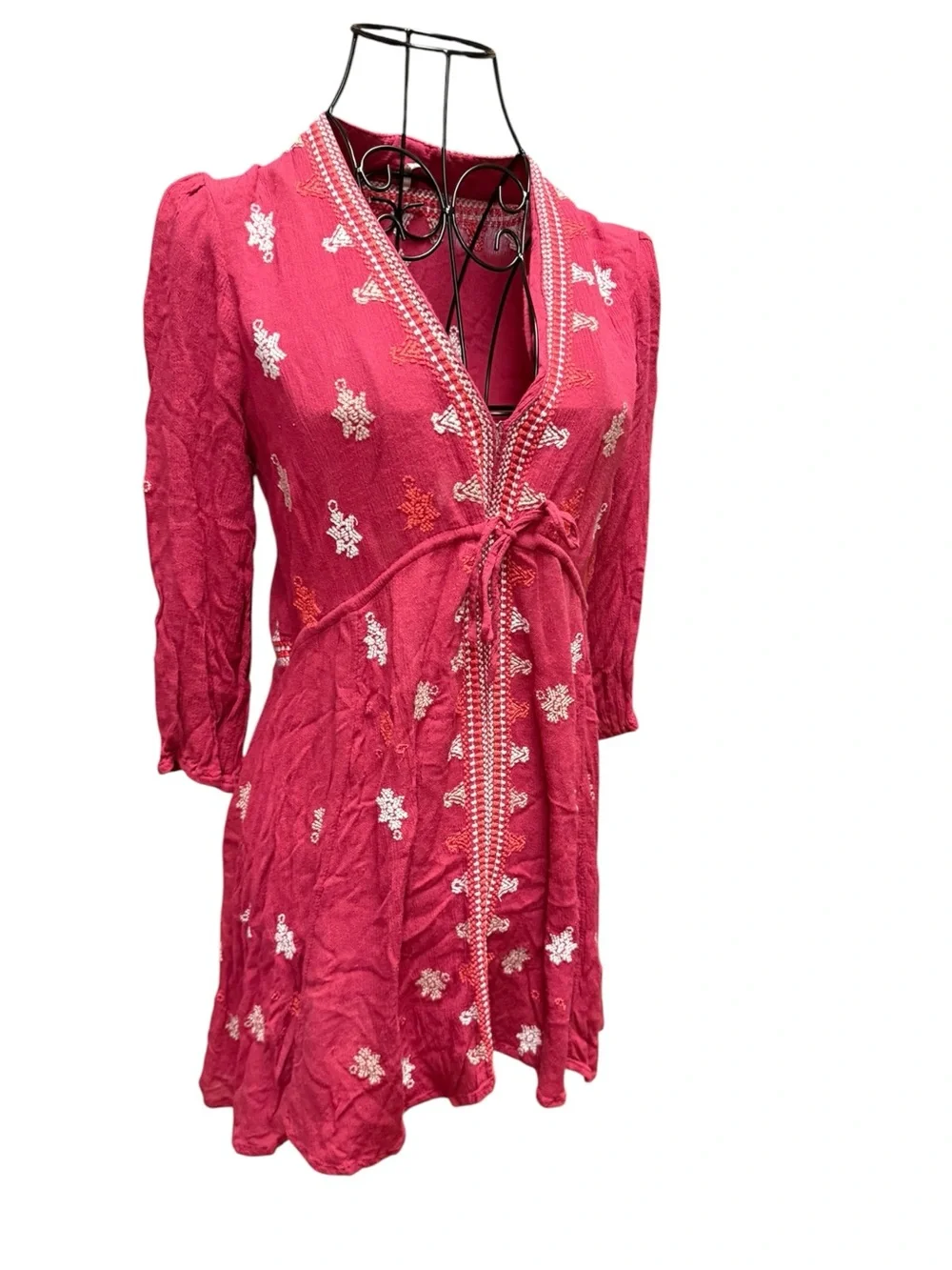 Free People Rose Pink Embroidered Tie Waist Boho Tunic Dress Small